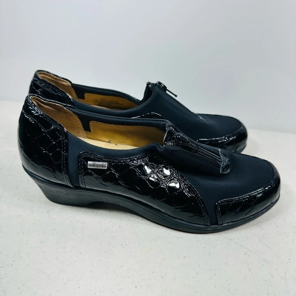 Women's SoftSpots Stretch Comfort Shoes Top Zip Black Patent Size